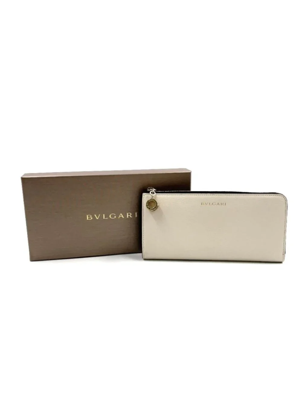 Bvlgari B-zero One Charm L-shaped Zipper Leather Black White Wallet Gold